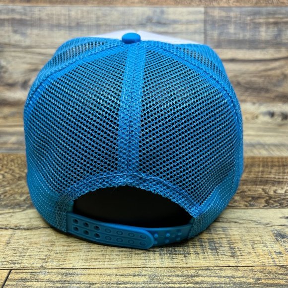 USA Pacman Team Mens Trucker Hat Blue Snapback 80s Retro Logo Video Game Cap - Picture 5 of 8